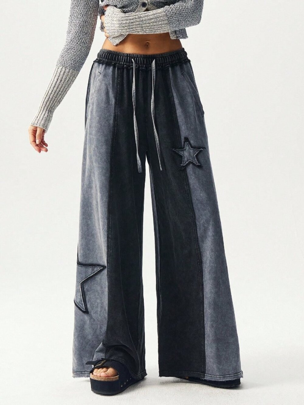 Black Casual Women's Plus Size Knit Patchwork Wide Leg Pants